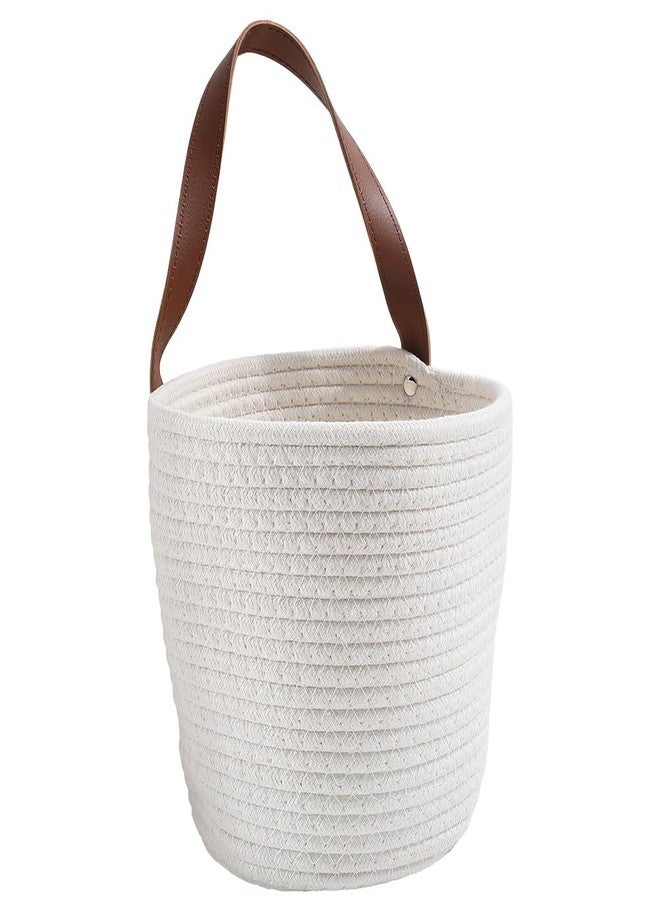 SOFPLATE 7.1 x 9.8 x 4.7 Inch Hanging Woven Basket Cotton Wall Basket with Handle White Rope Multifunction Macrame Closet Shelf Organizing Storage Wall Mounted Bin for Kitchen Room Fruit Plants Towels - Image 1